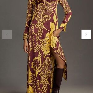 Anthropologie corey lynn calter long sleeve printed shirt dress coffee yellow